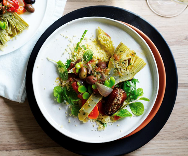Globe artichoke and broad bean tagine, couscous and stuffed dates