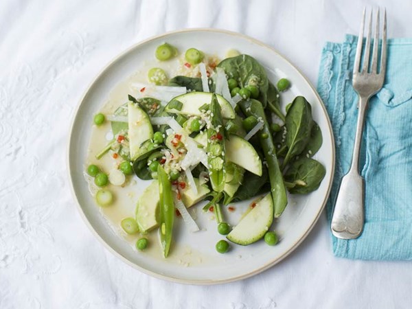 Glorious green salad with a hot Asian dressing