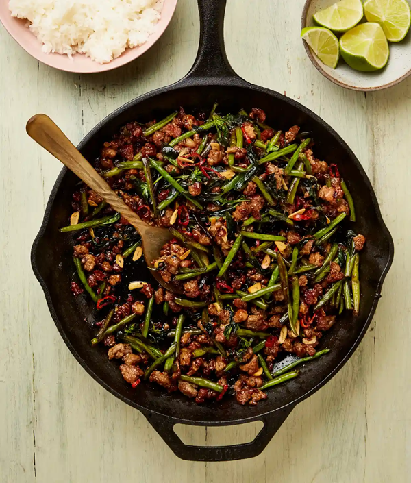 Glossy pork with green beans and crispy chilli