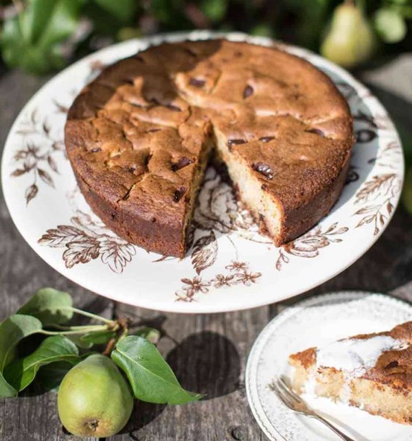 Gluten-free almond, pear, cardamom and chocolate cake