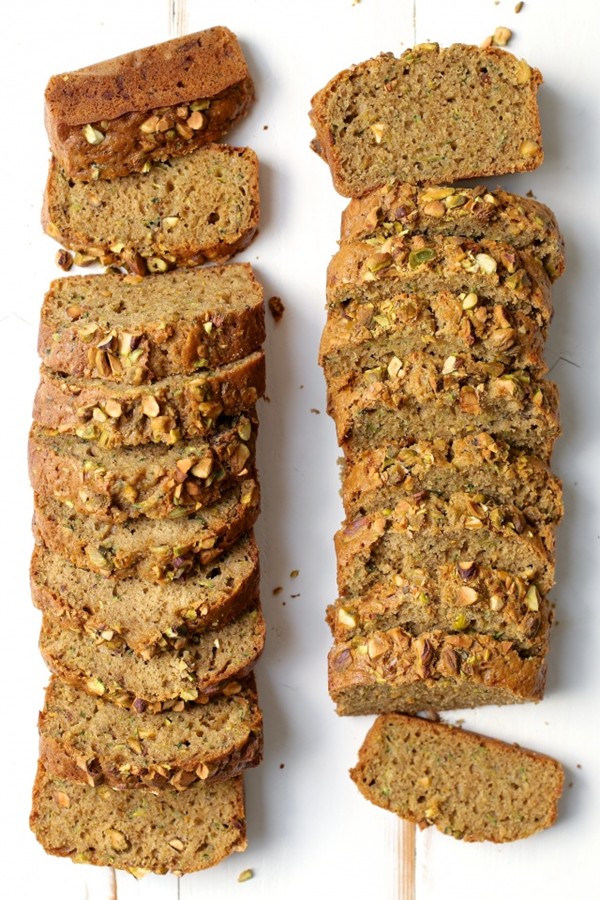Gluten-free and gluten-full zucchini pistachio bread