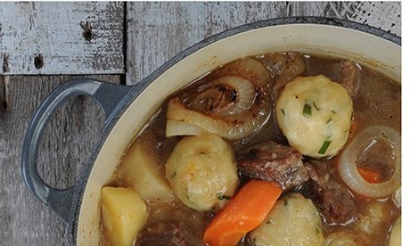 Gluten-free beef stew with wasabi and chive dumplings