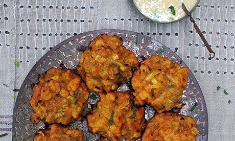Gluten-free bhajis with a dairy-free mango and mint dip