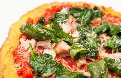 Gluten-free cauliflower, chicken and spinach pizza