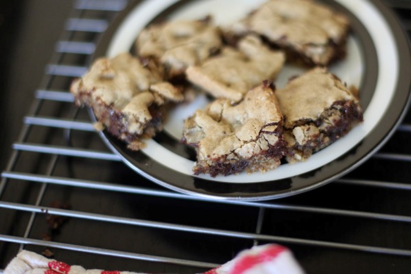 Gluten free chocolate chip toffee bits cookie bars (Congo bars)