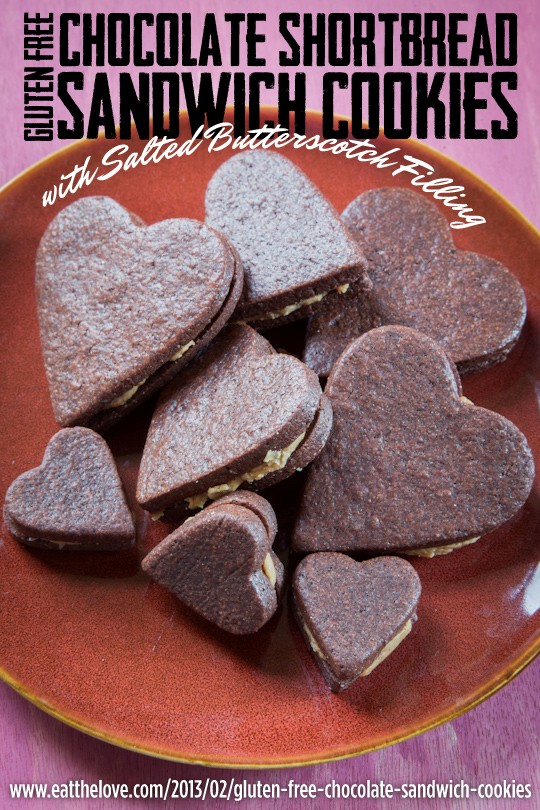 Gluten free chocolate shortbread sandwich cookies with salted butterscotch filling