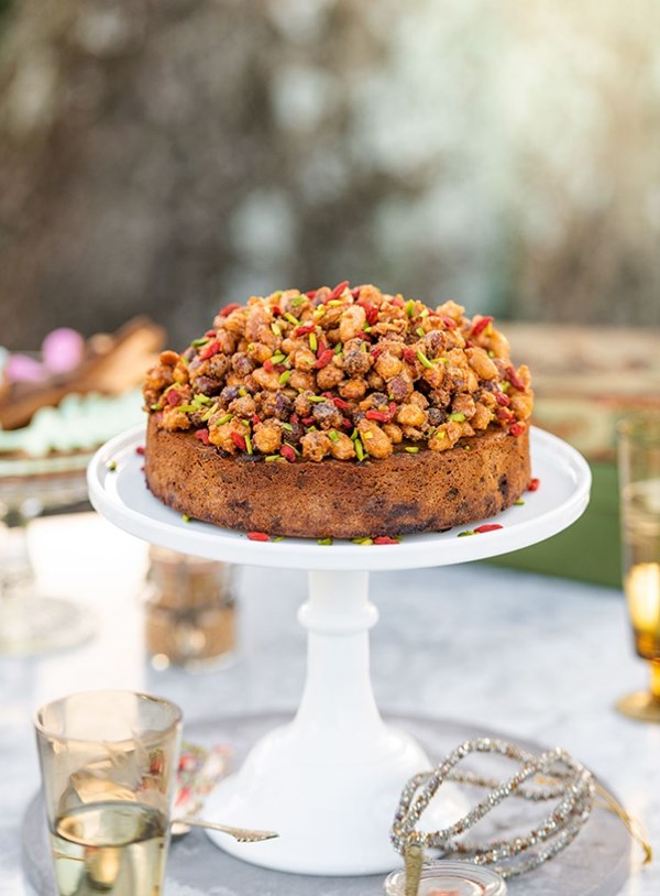 Gluten-free Christmas cake with candied nut topping