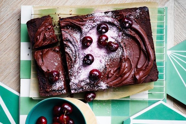 Gluten-free coconut & cherry brownie slice