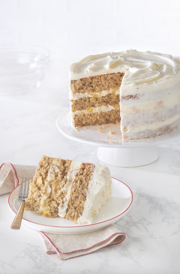 Gluten-free hummingbird cake [cream cheese frosting, pineapple-pecan filling]