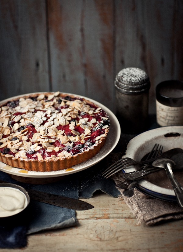 Gluten-free kirsch soaked rhubarb and blueberry tart with almond and amaranth pastry