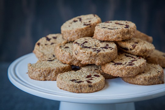 Gluten free maple oat and dried cherry shortbread cookies