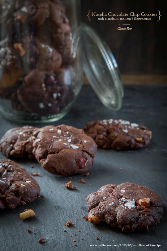 Gluten free Nutella chocolate chip cookies with hazelnuts and dried strawberries