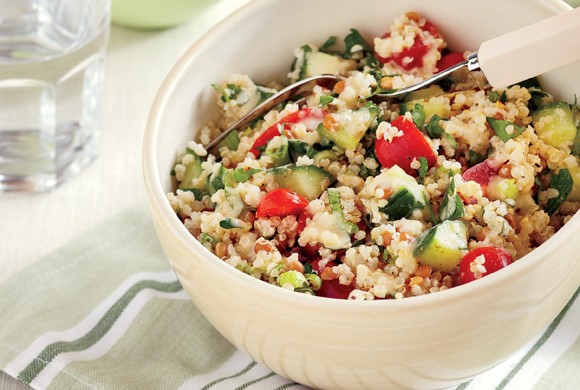 Gluten-free quinoa salad with creamy tahini dressing