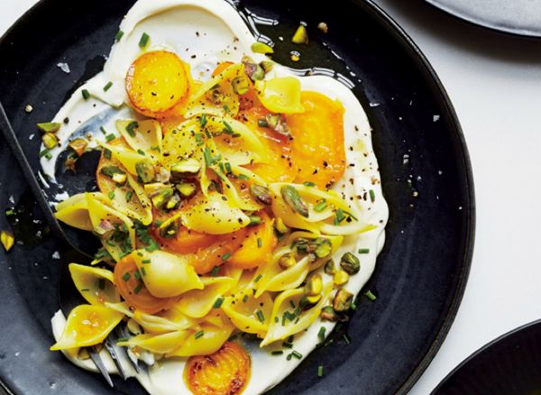 Gluten-free shells with beets, ricotta, and pistachios