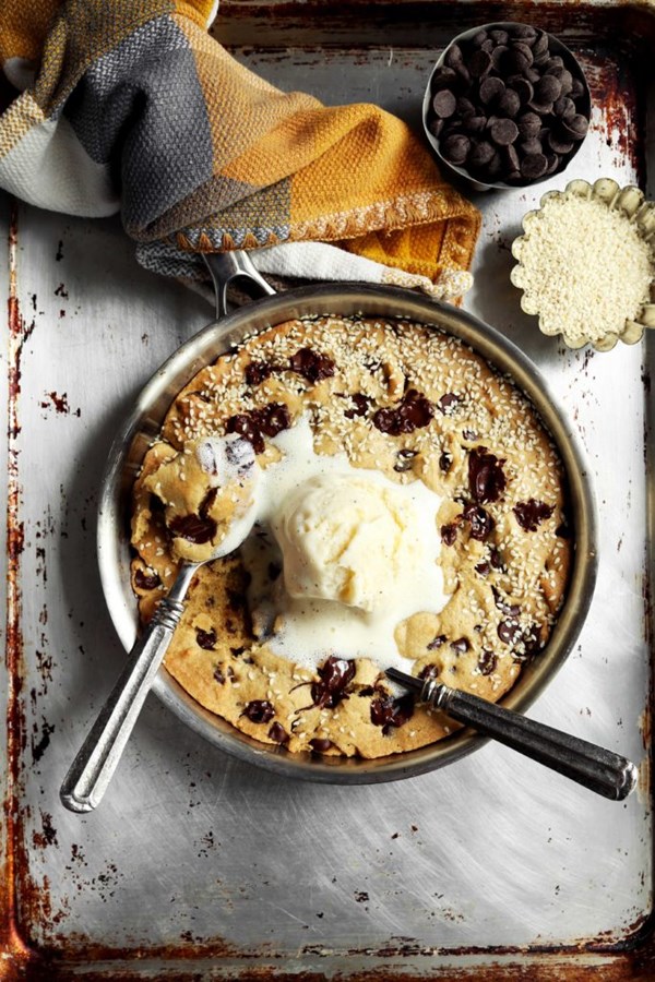 Gluten free tahini dark chocolate skillet cookie
