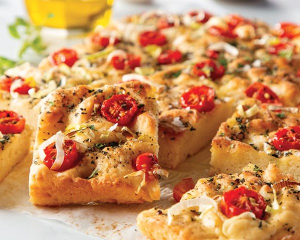 Gluten-free tomato and leek focaccia