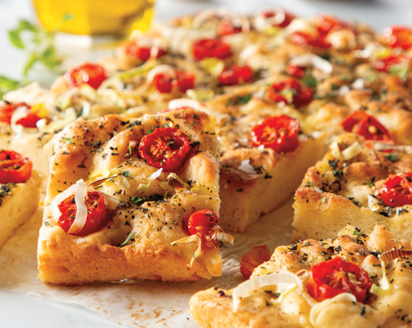 Gluten-free tomato and leek focaccia