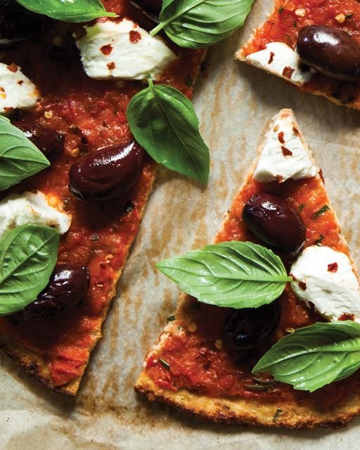 Gluten free tomato, goat cheese, & cauliflower pizza
