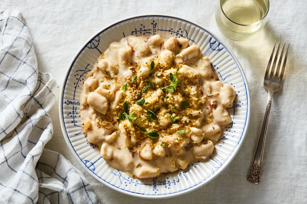 Gnocchetti sardi with caramelized onions, 3 cheeses & herby breadcrumbs