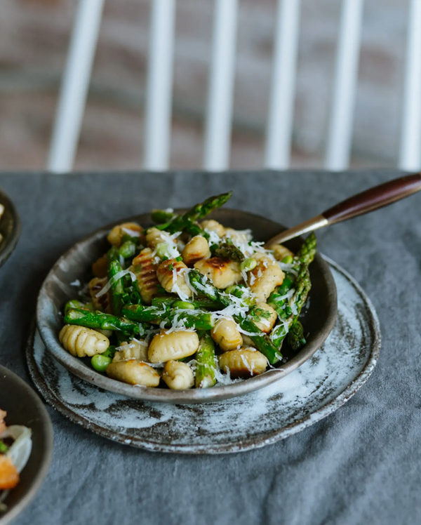 Gnocchi with asparagus, edamame, and Parmesan 