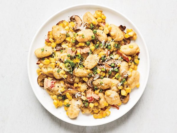 Gnocchi with corn, mushrooms, and bacon