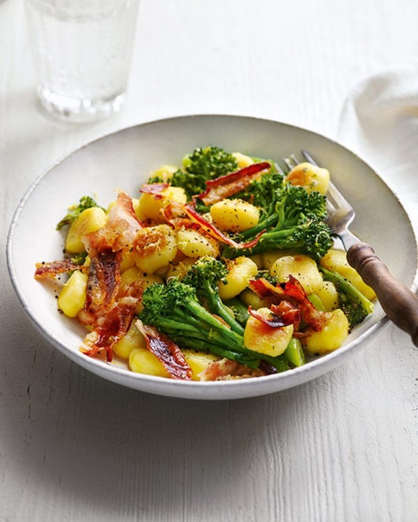 Gnocchi with pancetta and purple sprouting broccoli, lemon and sherry