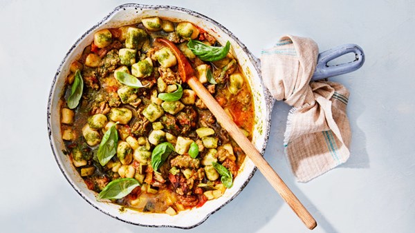 Gnocchi with sausage, zucchini, and tomato
