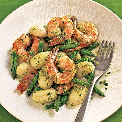 Gnocchi with shrimp, asparagus, and pesto