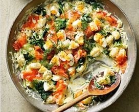 Gnocchi with smoked salmon, dill, spinach & eggs