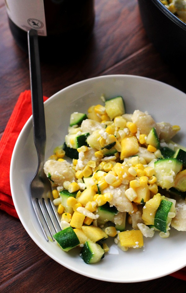 Gnocchi with summer squash, corn, basil, and feta