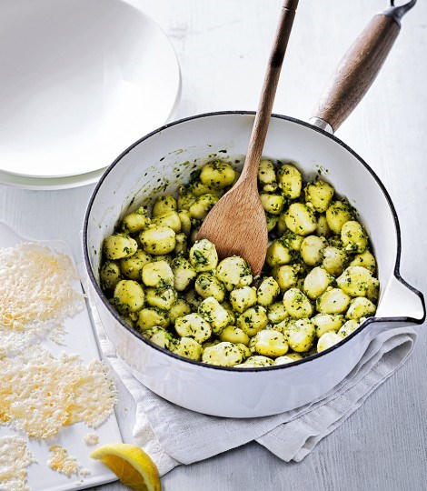 Gnocchi with watercress & walnut pesto and cheese crisps