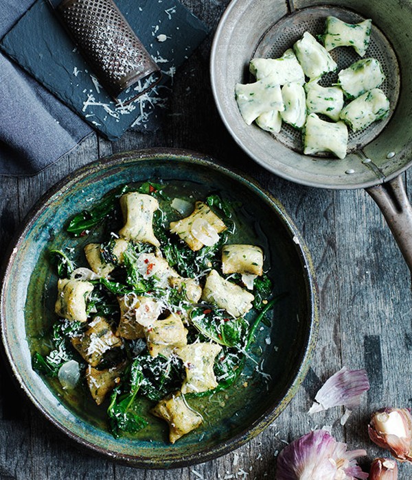 Gnudi with wilted bitter greens
