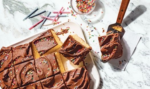 Go-to birthday sheet cake with chocolate frosting