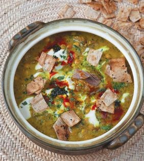 Goat + kashk braise with flat bread croutons (Box qormeh-ye Kermani)