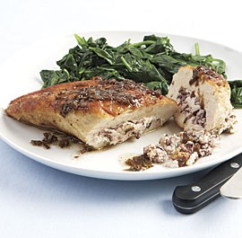 Goat-cheese-and-olive-stuffed chicken breasts with balsamic-butter pan sauce