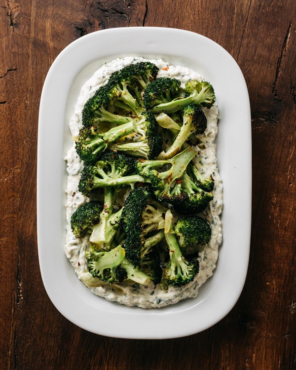 Goat cheese and ricotta spread with blasted broccoli