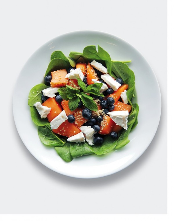 Goat cheese, melon, blueberries and spinach