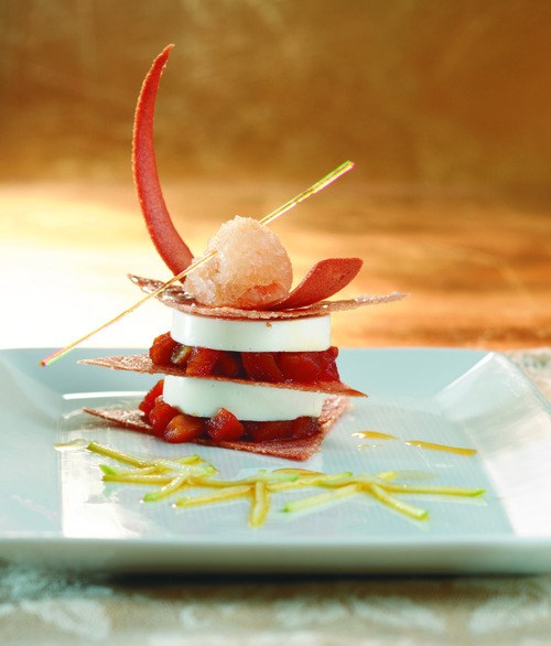 Goat cheese Napoleon with caramelized quince