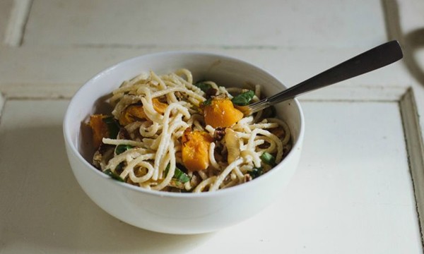 Goat cheese pasta with caramelized onions and roasted butternut squash