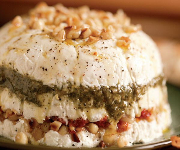 Goat cheese, pesto & sun-dried tomato terrine