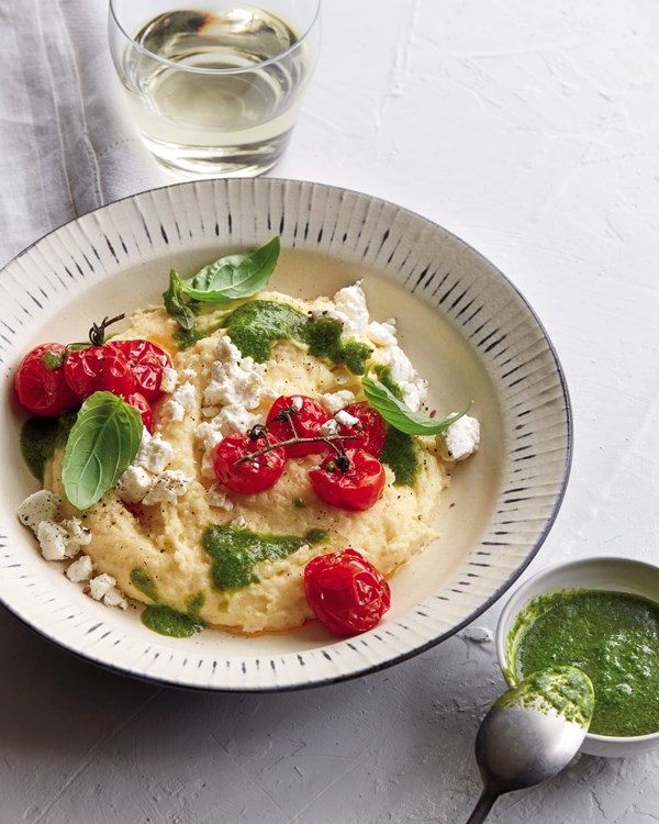 Goat cheese polenta with cherry tomatoes [basil vinaigrette]