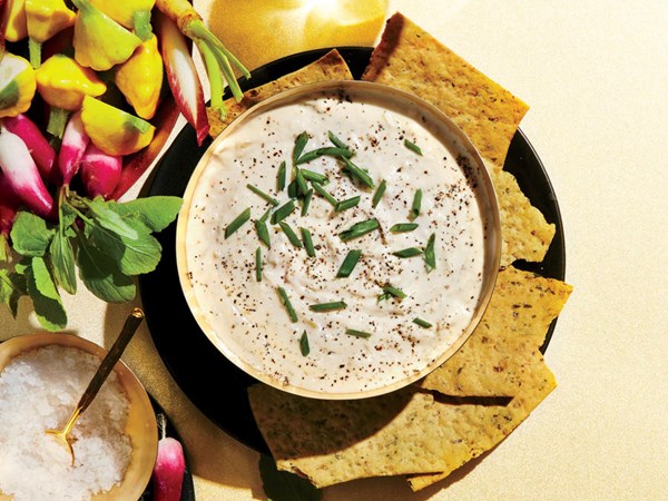 Goat cheese queso dip with vegetable chips