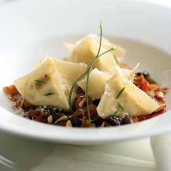 Goat cheese ravioli with bell peppers and brown butter