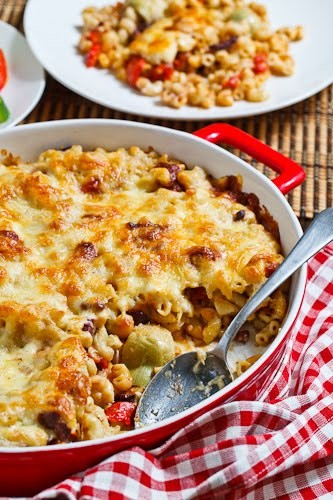 Goat cheese, roasted red pepper and Kalamata olive mac n cheese