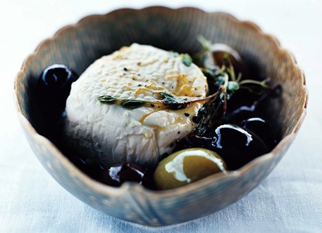 Goat cheese with olives, lemon, and thyme