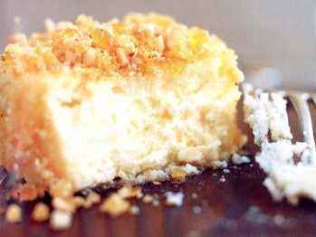 Goat cheesecake enrobed in hazelnut brittle