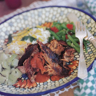 Goat in chile marinade, pit-barbecue style (Barbacoa de cabrito)