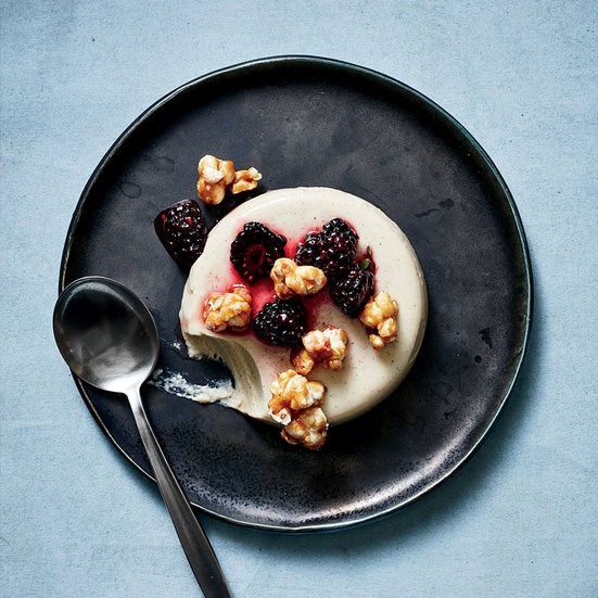 Goat milk-and-corn panna cotta with blackberries