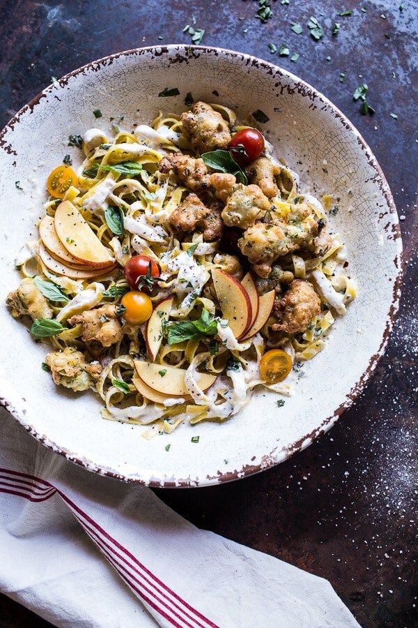 Goat milk fettuccine with spicy corn fritters + sweet nectarine