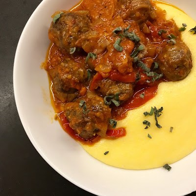 Goat mince meatballs with roast tomato sauce and polenta
